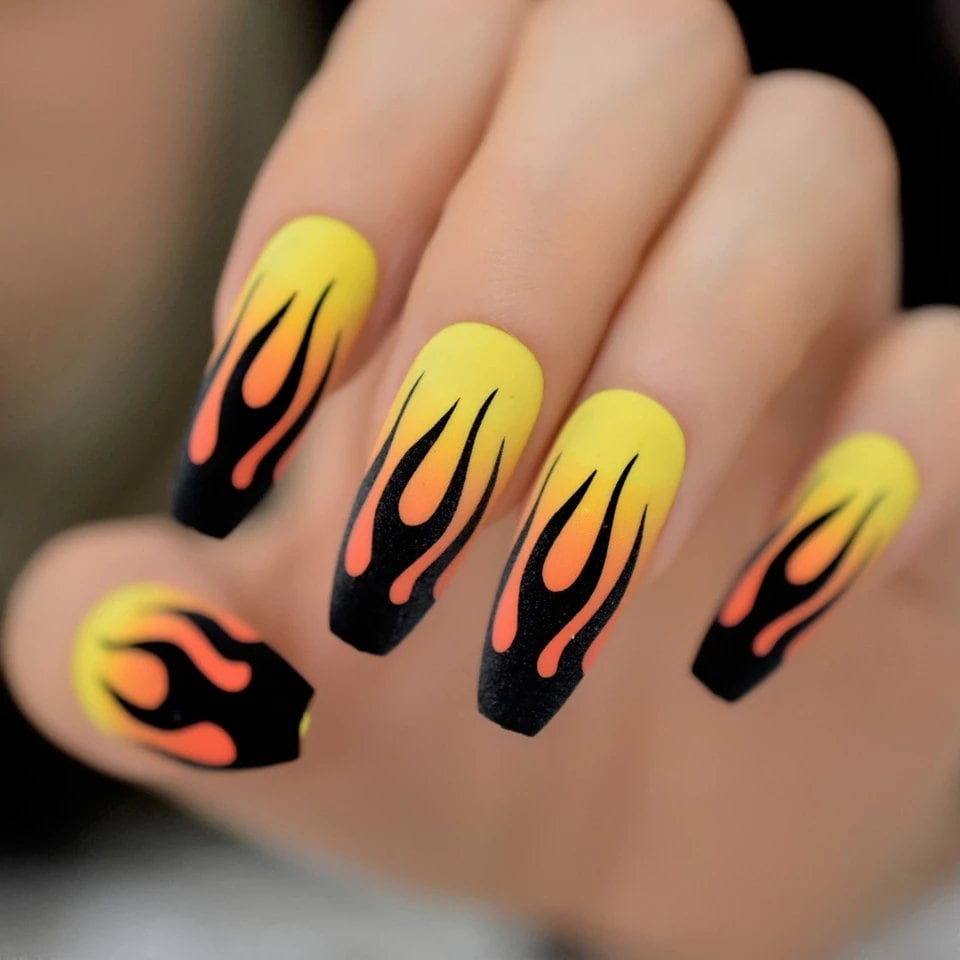24 Matte Yellow Flame 90s retro Long Press on Nails glue on natural edgy goth multicolor