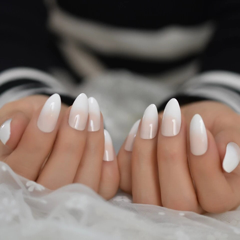 24 White Long Press On Nails – Ombre Pink French Tip Almond Set surethings