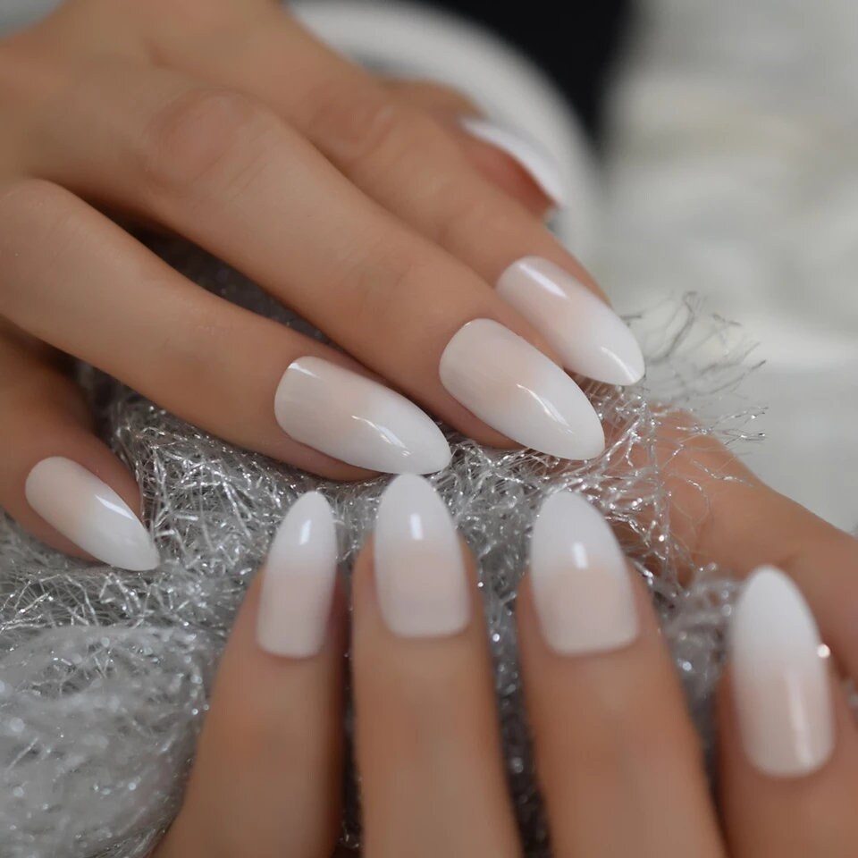 24 White Long Press On Nails – Ombre Pink French Tip Almond Set surethings
