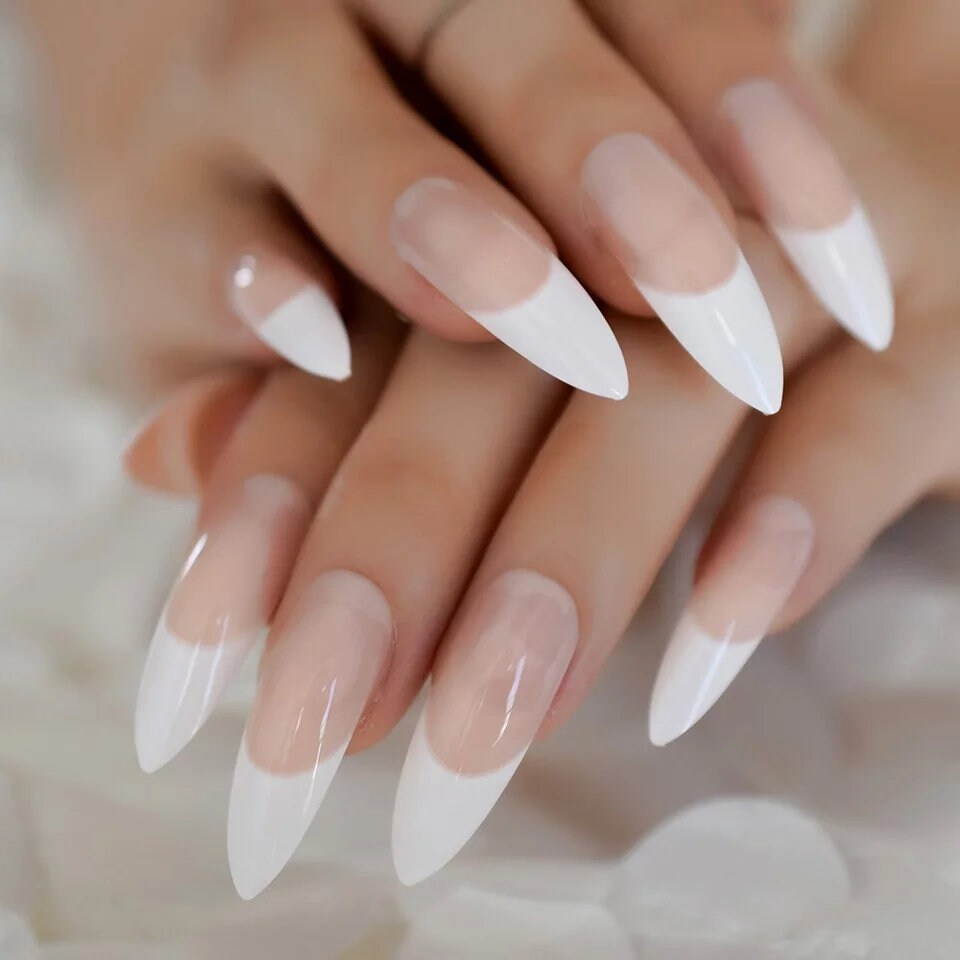 24 White Long Press On Nails – Extra Long French Tip Stiletto Glue On Set surethings