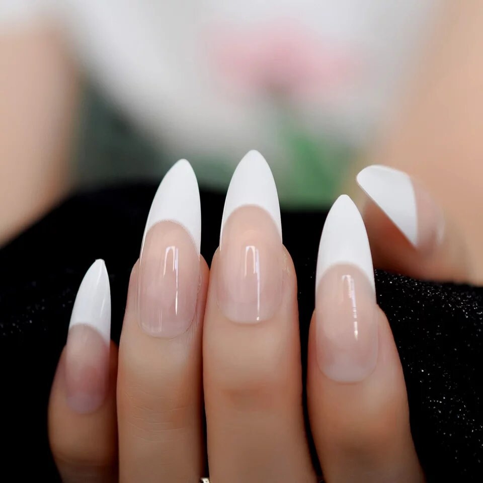 24 White Long Press On Nails – Extra Long French Tip Stiletto Glue On Set surethings