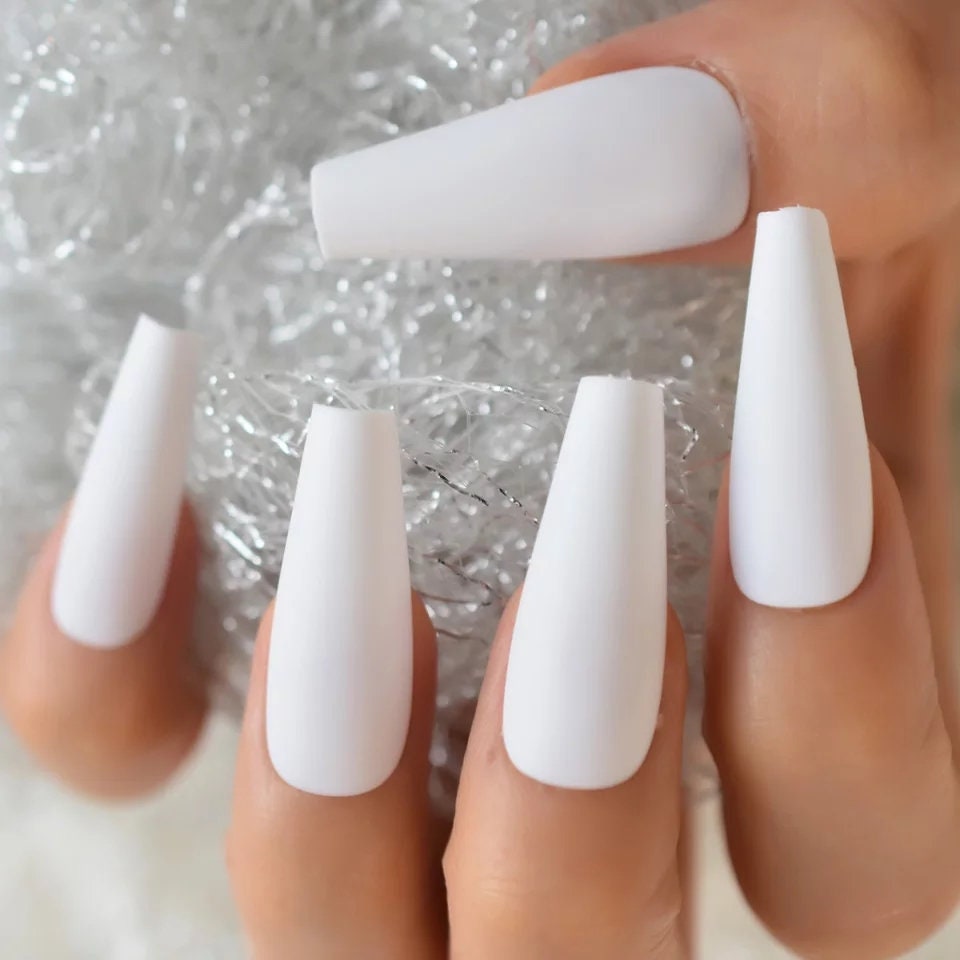 24 Coffin Matte White Long Press on nails glue on straight kit