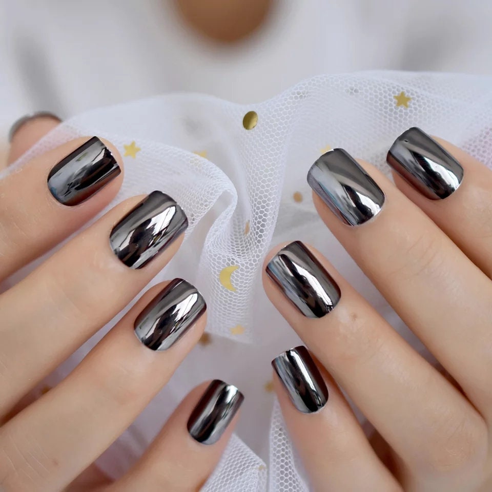 24 Gun Metal Chrome Short Press On Nails Glue on Mirror shiny metallic gray