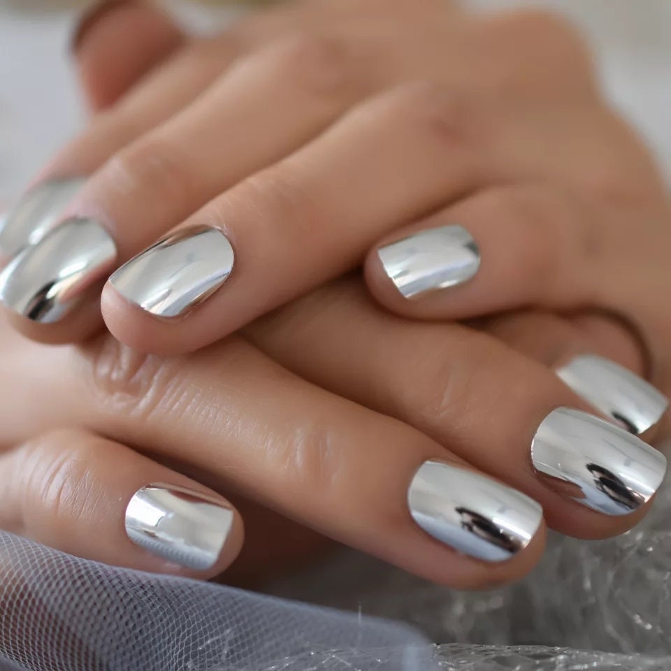 24 Silver Chrome Short Press On Nails Glue on Mirror shiny metallic