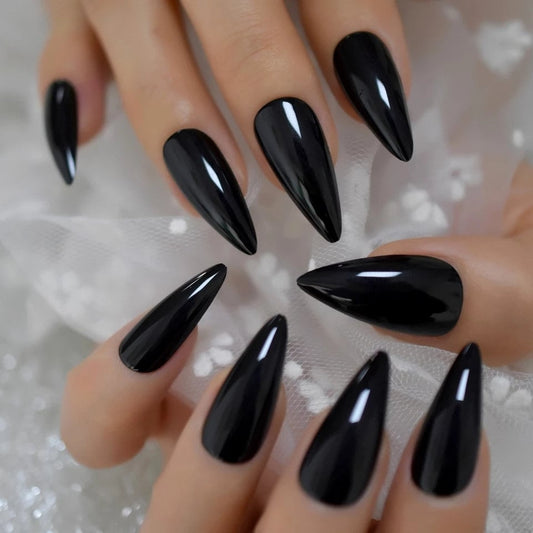 24 Glossy Long Stiletto Black  Press On Nails kit glue witchy goth alt pointed glue on