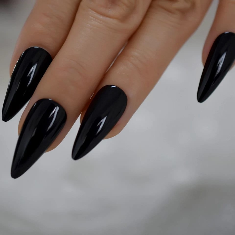 24 Glossy Long Stiletto Black  Press On Nails kit glue witchy goth alt pointed glue on