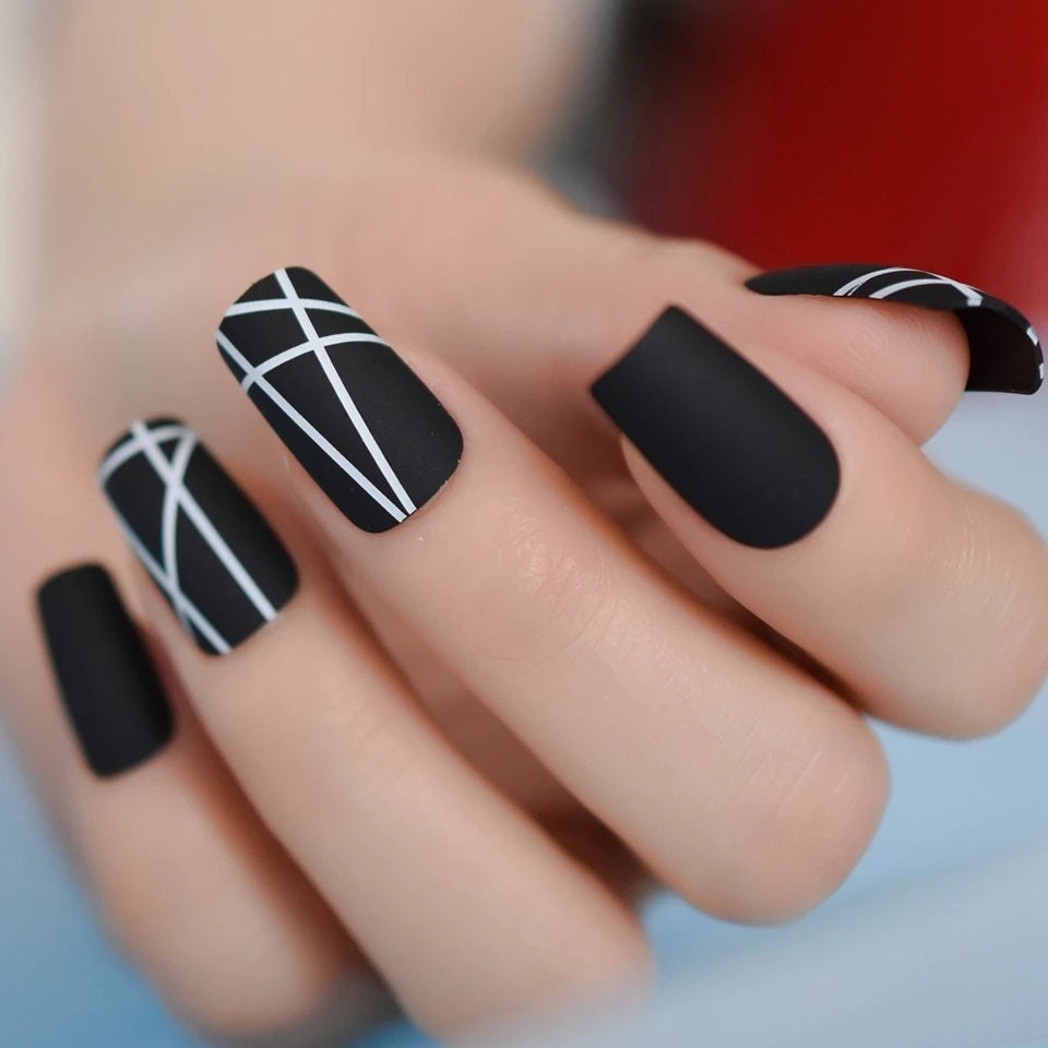 24 Matte Glue on medium Black Press on Nails square goth edgy white lines design