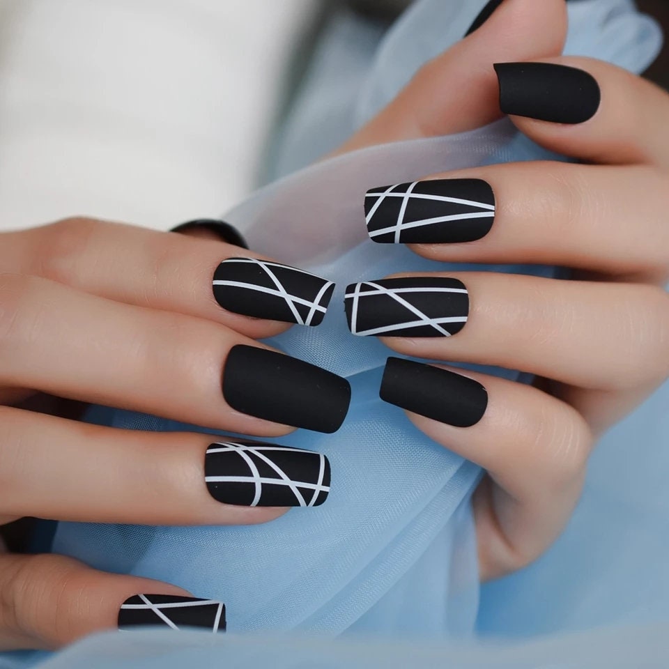24 Matte Glue on medium Black Press on Nails square goth edgy white lines design