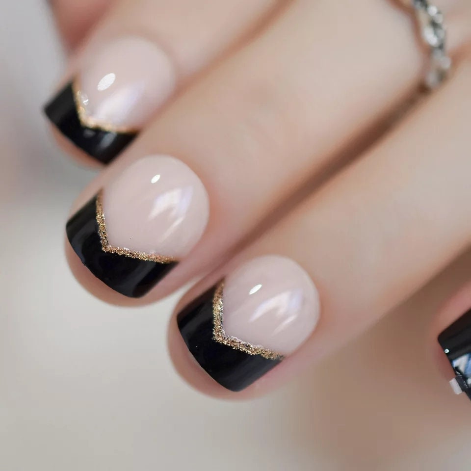 Black Tip French Short Press On Nails with Gothic Gold Elegant Design surethings
