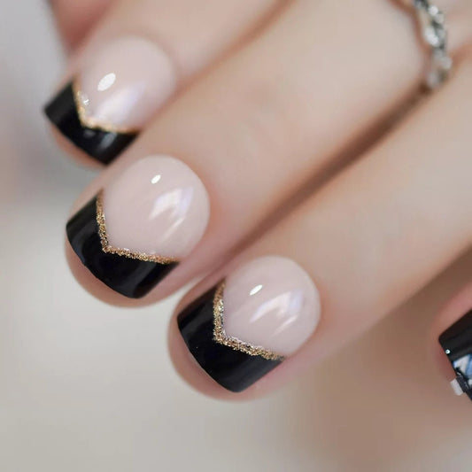 Black Tip French Short Press On Nails with Gothic Gold Elegant Design surethings