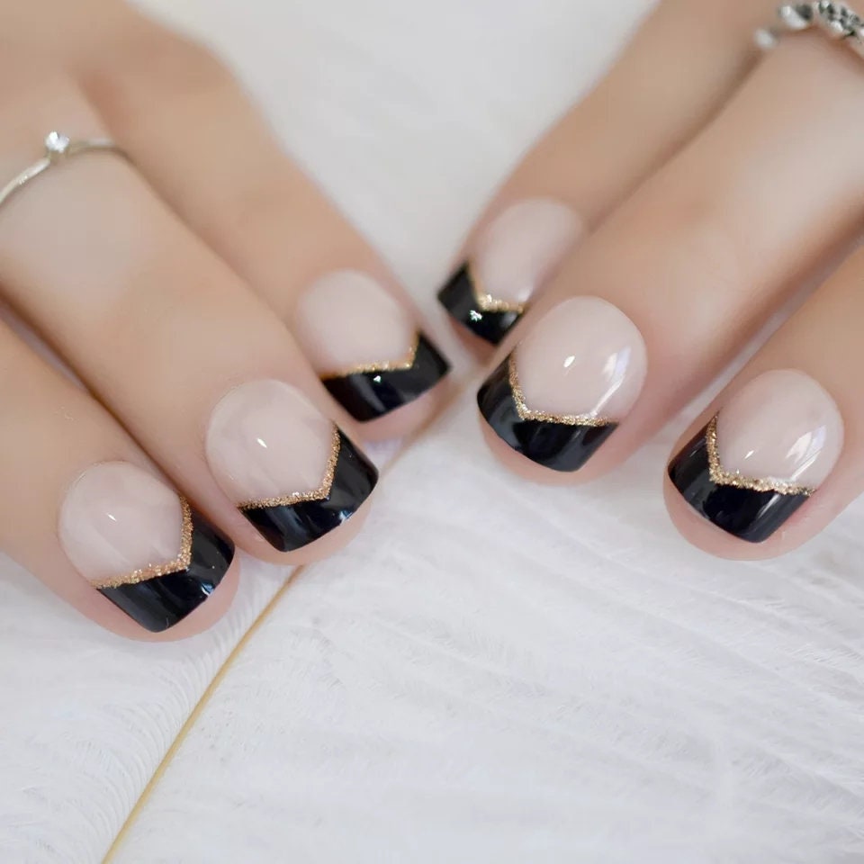 Black Tip French Short Press On Nails with Gothic Gold Elegant Design surethings