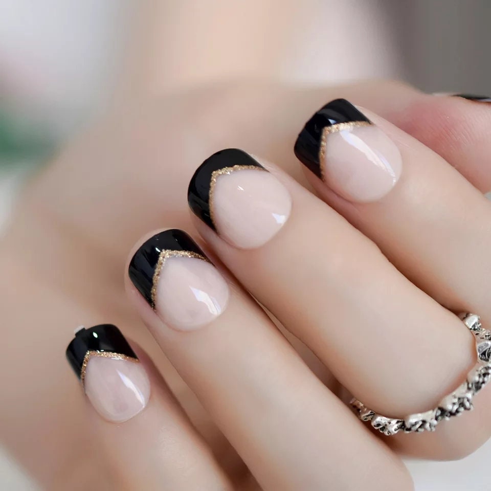 Black Tip French Short Press On Nails with Gothic Gold Elegant Design surethings