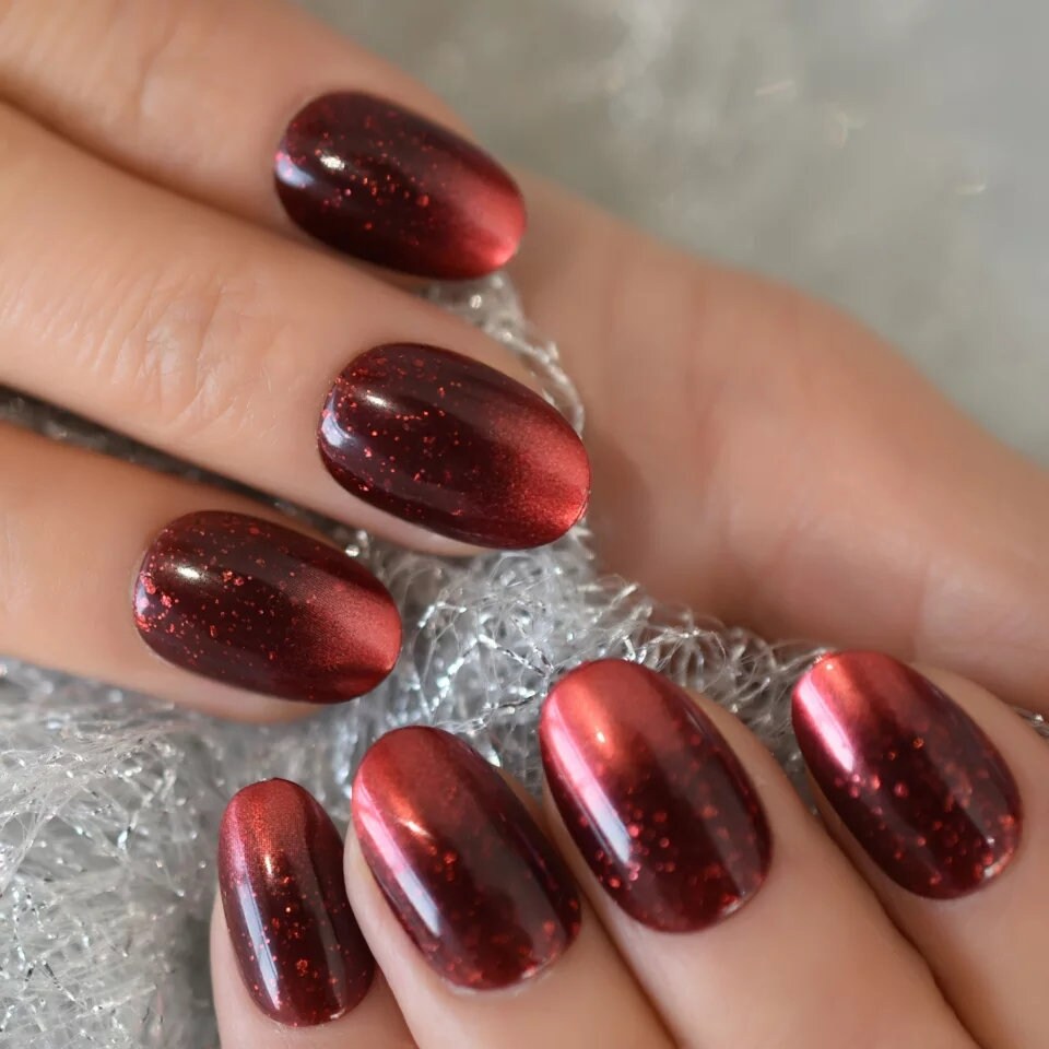 24 Fancy Red Metallic Glitter Ombre Medium Almond Press on nails glue on magnet gel cat eye acrylic thick