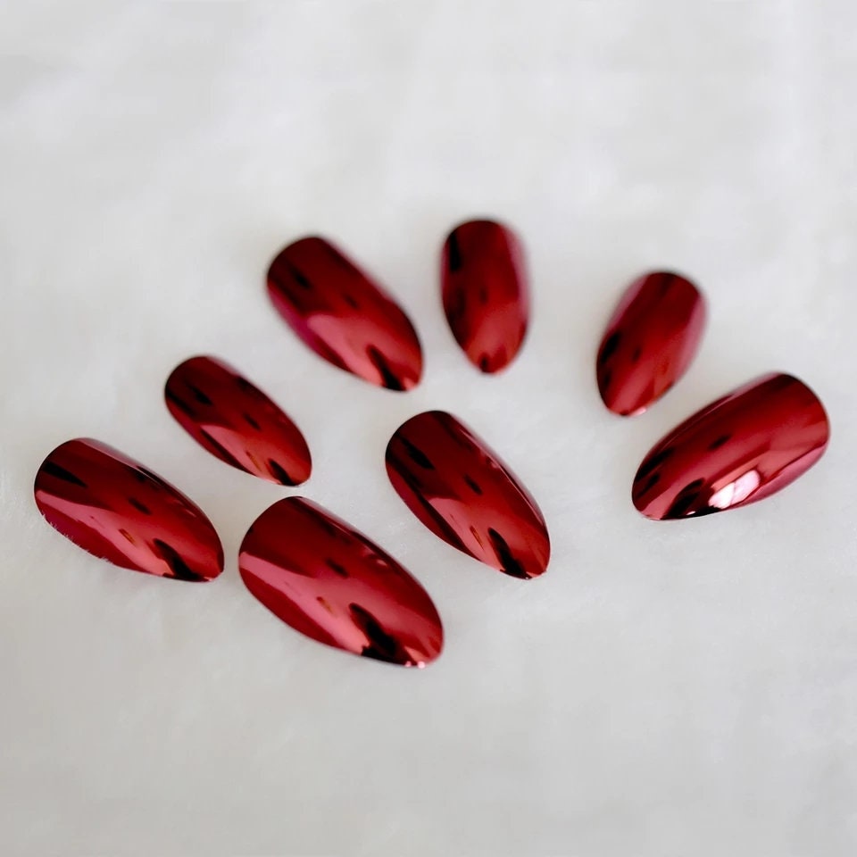 24 Red Metallic Chrome Medium Almond Press on nails glue on mirror shiny