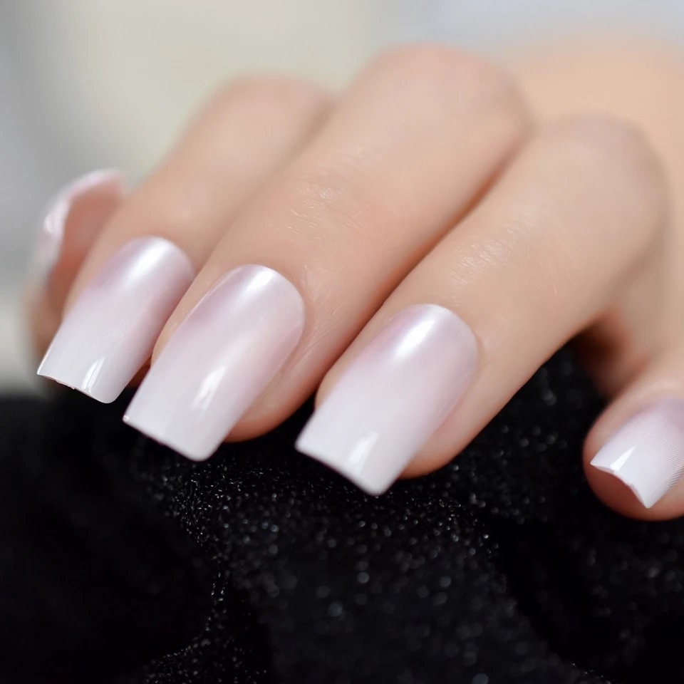 24 Pink White Pearl Ombre French tip Square Long press on Nails classic manicure glue on Medium