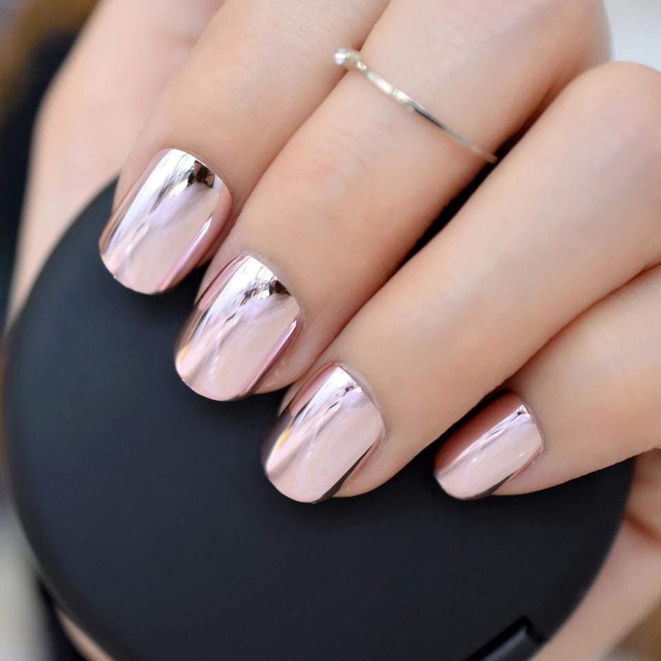 24 Light Pink Silver Chrome Short Press On Nails Glue on Mirror shiny metallic