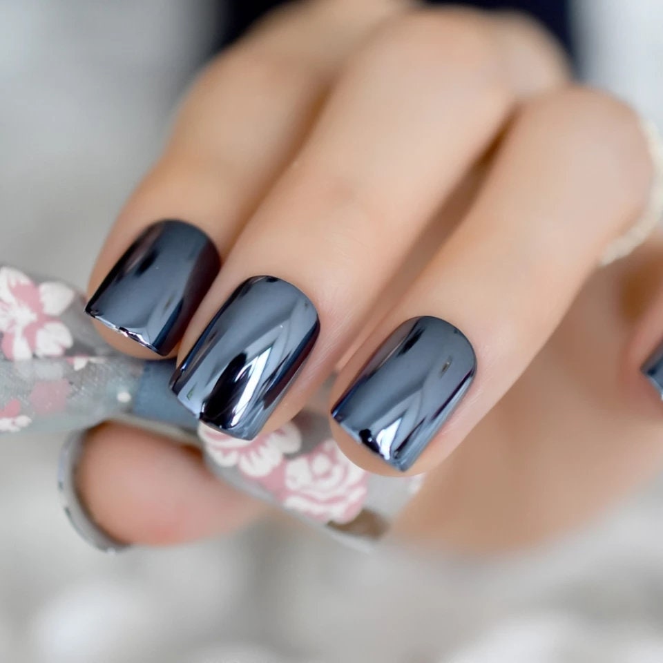 24 Dark Blue Chrome Short Press On Nails Glue on Mirror shiny metallic