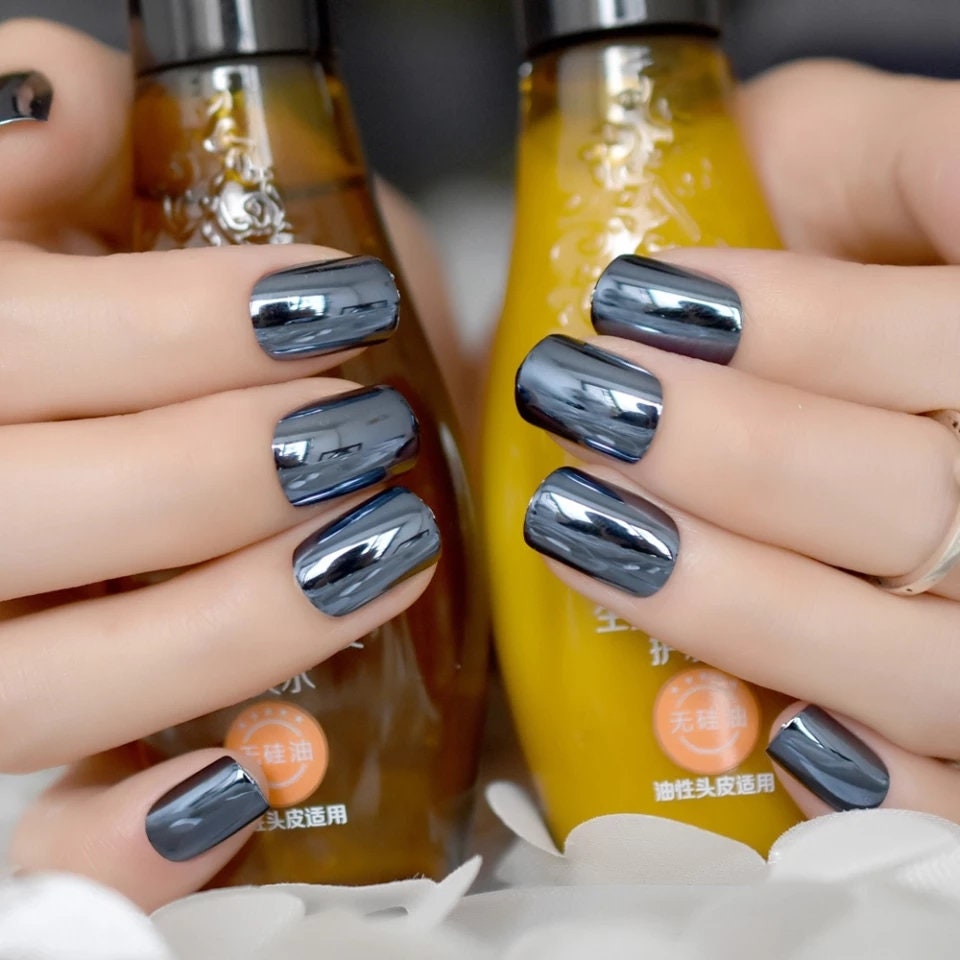 24 Dark Blue Chrome Short Press On Nails Glue on Mirror shiny metallic