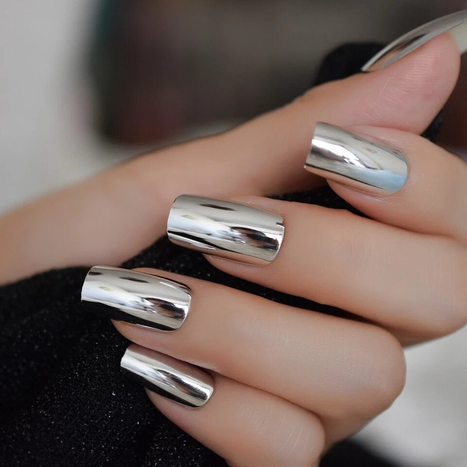 Medium Square Silver Chrome Long Press On Nails – Shiny Mirror Metallic Look surethings