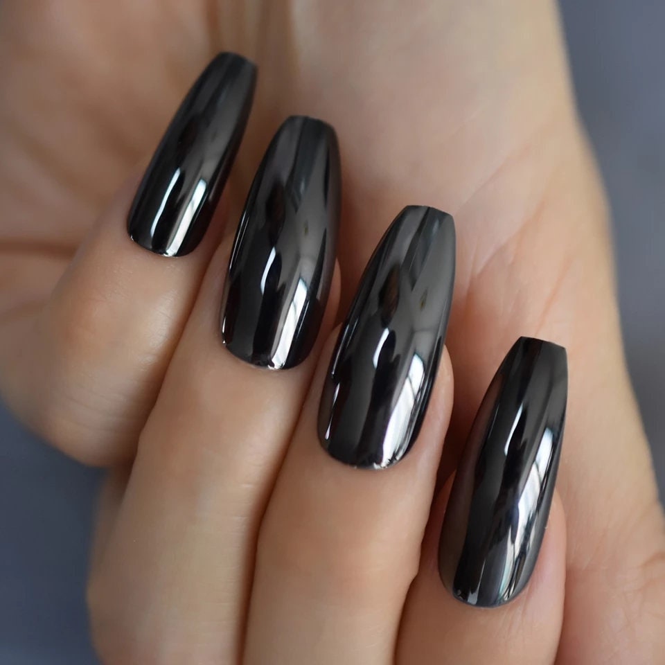 24 Gun metal Chrome Coffin Long Press on nails glue on mirror shiny metallic gray dark