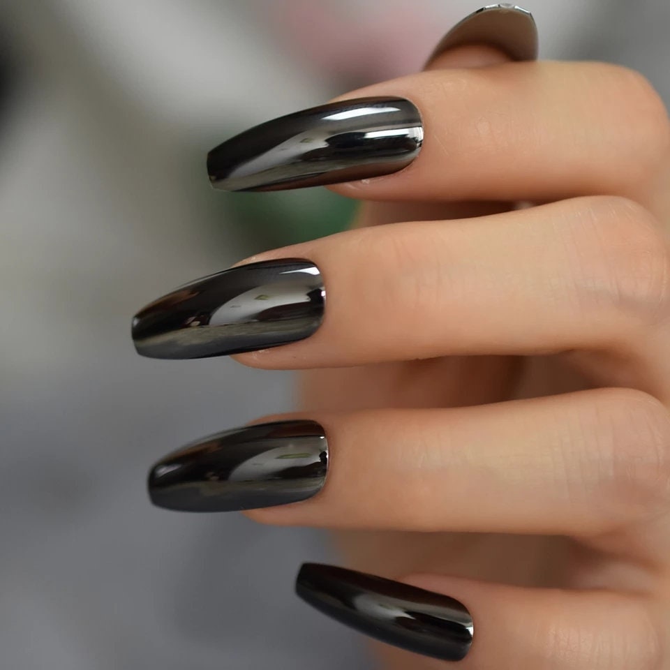 Gunmetal Chrome Coffin Long Press On Nails – Metallic Gray Glue-On Set surethings