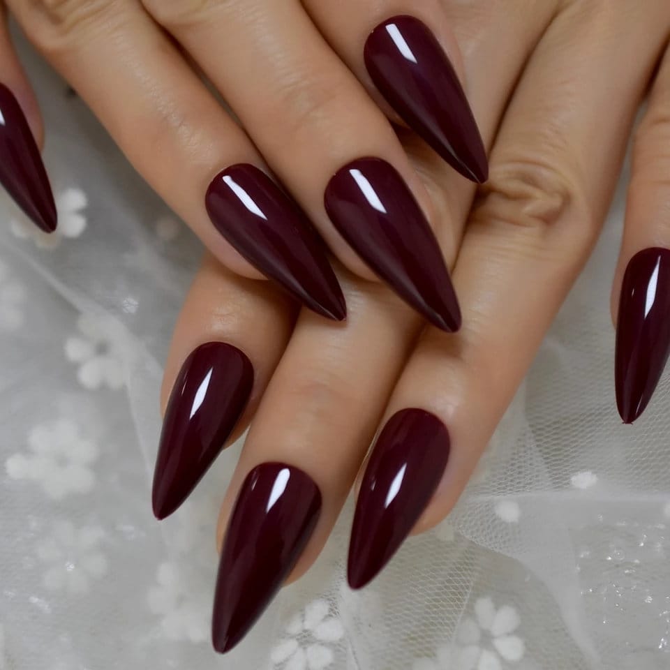 24 Glossy Maroon Stiletto Long Press on nails kit witchy goth alt pointed glue on Dark Red