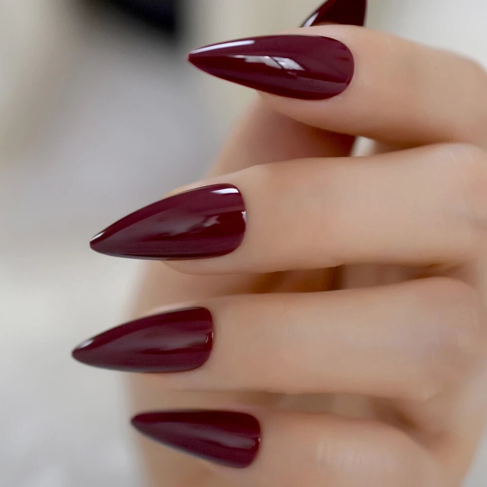 24 Glossy Maroon Stiletto Long Press on nails kit witchy goth alt pointed glue on Dark Red