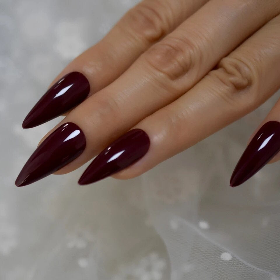 24 Glossy Maroon Stiletto Long Press on nails kit witchy goth alt pointed glue on Dark Red