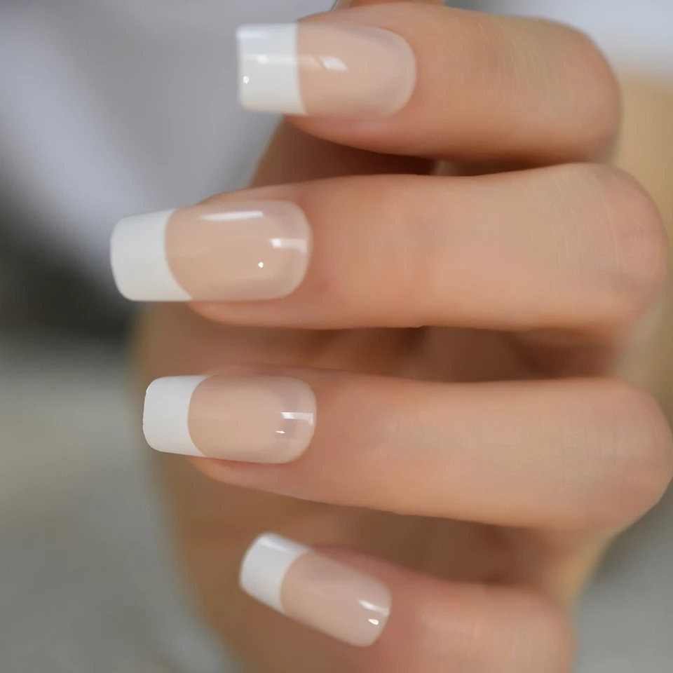 24 PCS Square Medium White Press On Nails – Classic French Manicure Nude & White Tip Glue-On Set surethings