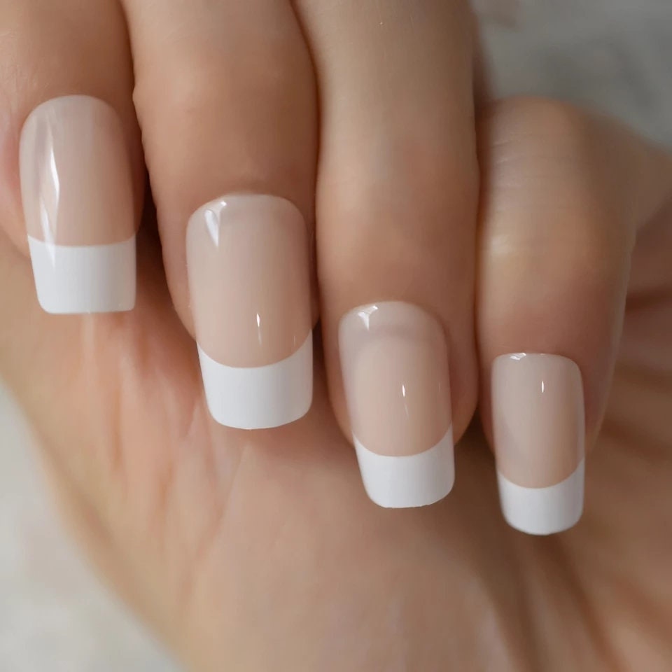 24 PCS Square Medium White Press On Nails – Classic French Manicure Nude & White Tip Glue-On Set surethings