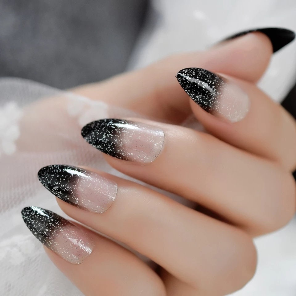 24 black ombre French tip long press-on nails with nude glitter in clear medium coffin shape – glue-on nail set surethings