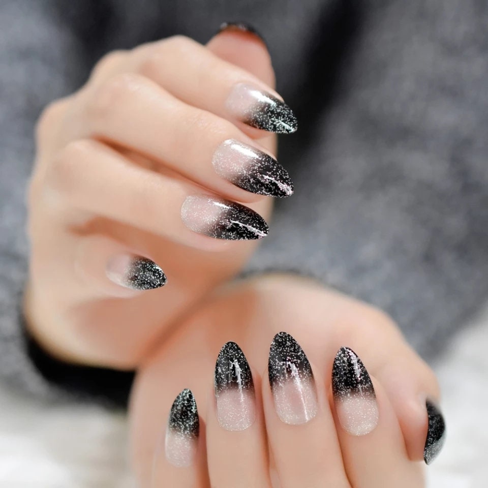 24 black ombre French tip long press-on nails with nude glitter in clear medium coffin shape – glue-on nail set surethings
