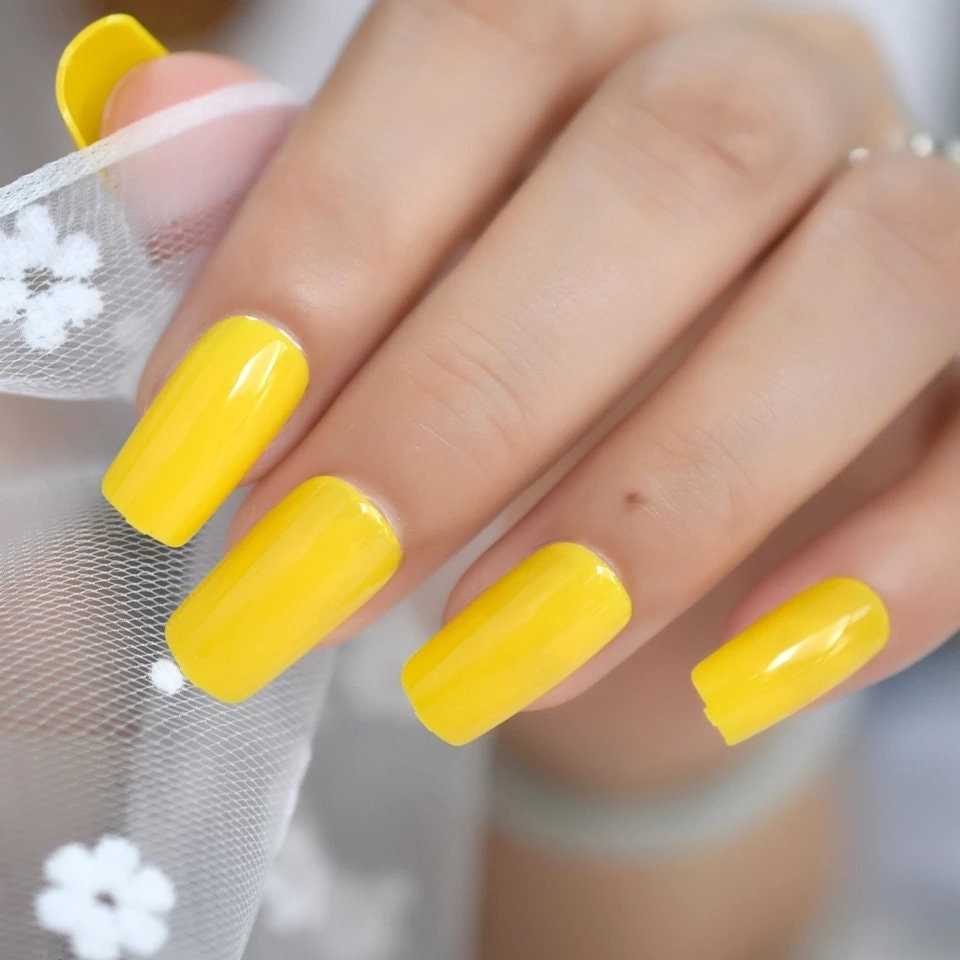 Glossy sunflower yellow long press on nails, medium square glue-on manicure – 24 piece surethngs