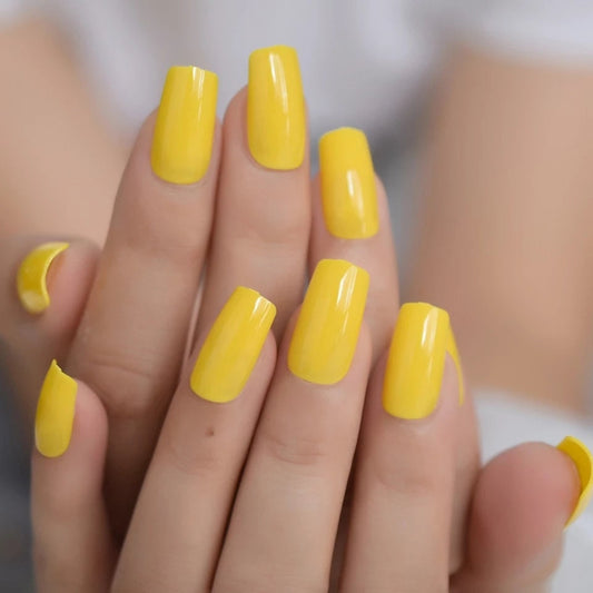 Glossy sunflower yellow long press on nails, medium square glue-on manicure – 24 piece surethngs