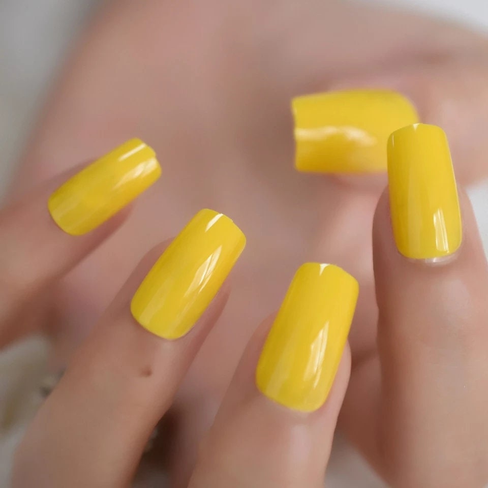 Glossy sunflower yellow long press on nails, medium square glue-on manicure – 24 piece surethngs