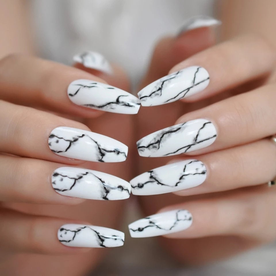 24 White Marble Long Press On Nails kit glue on coffin black art surethings