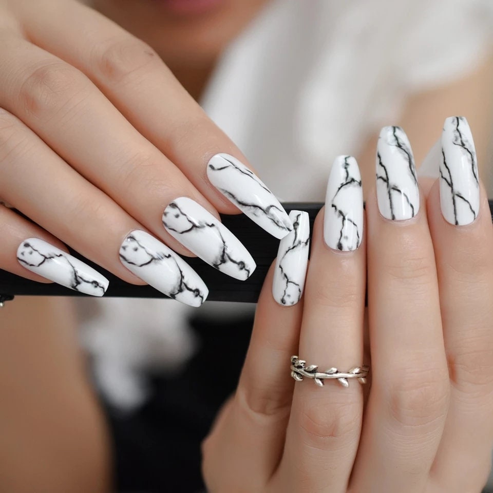 24 White Marble Long Press On Nails kit glue on coffin black art surethings
