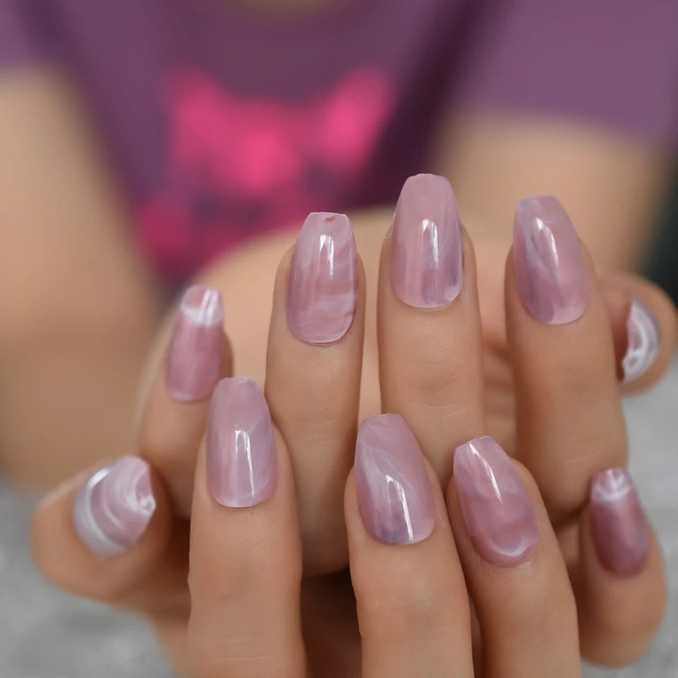 Rose Quartz Coffin Long Press On Nails – Pink Marble Medium Glue On Nail Kit surethings