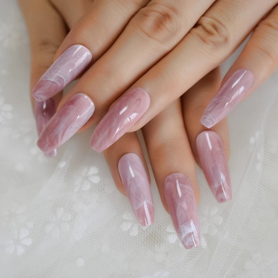 Rose Quartz Coffin Long Press On Nails – Pink Marble Glue-On Nail Kit surethings