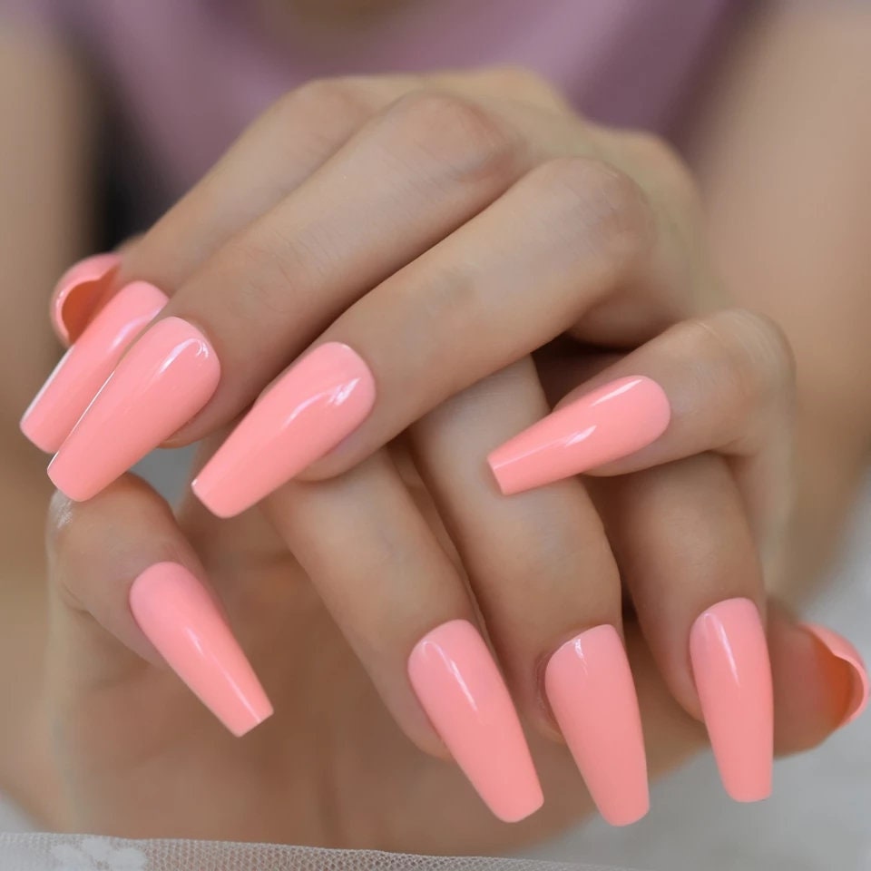 Peach Pink Long Press On Nails – Coffin Shape Glue-On Summer Nails (24PCS Set) surethings
