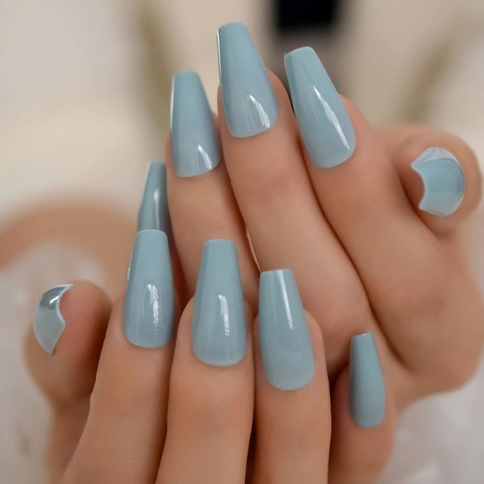 24-piece glossy pale blue coffin long press-on nails kit with soft pastel shine finish surethings