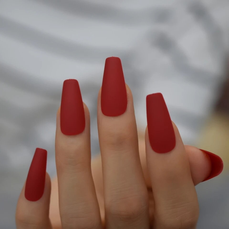 Long Press on Nails – 24 PCS Matte Red Coffin Shape Glue-On Nail Set surethings