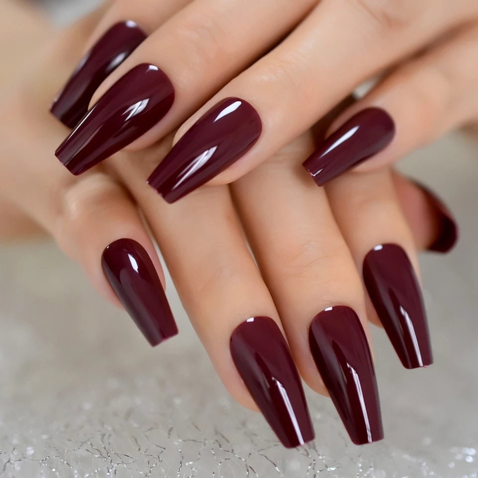Glossy Wine Maroon Coffin Long Press On Nails – Dark Red, Reusable, Glue-On Set surethings