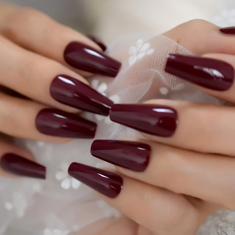 Glossy Wine Maroon Coffin Long Press On Nails – Dark Red, Reusable, Glue-On Set surethings