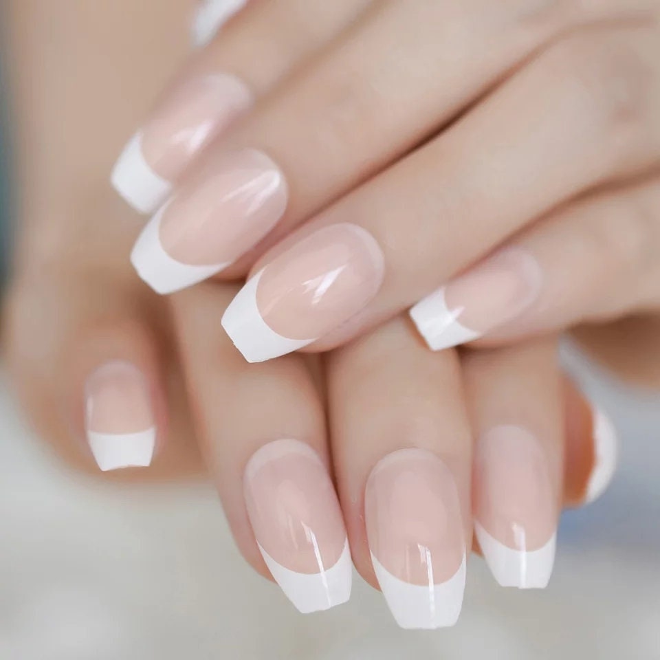 24 Medium Coffin Long Press On Nails – Nude French Manicure with White Tips, Classic Glue-On Set surethings