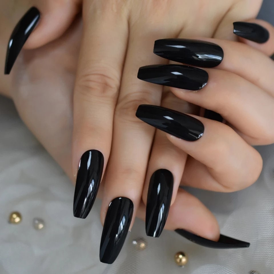 24 Glossy Long Coffin Black Press on nails witchy goth alt pointed glue on