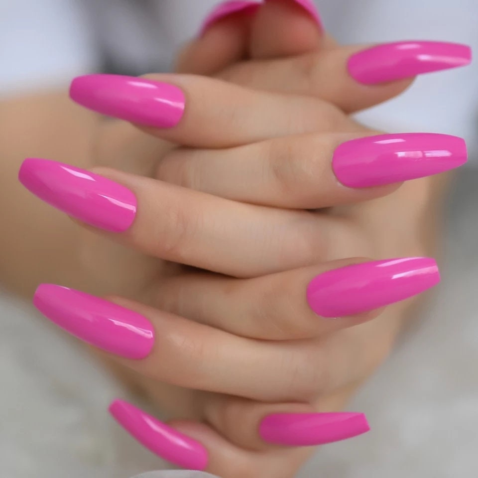 24 pcs Bright Pink Fuchsia neon Summer Long Press on nails glue on shiny manicure 80s rave