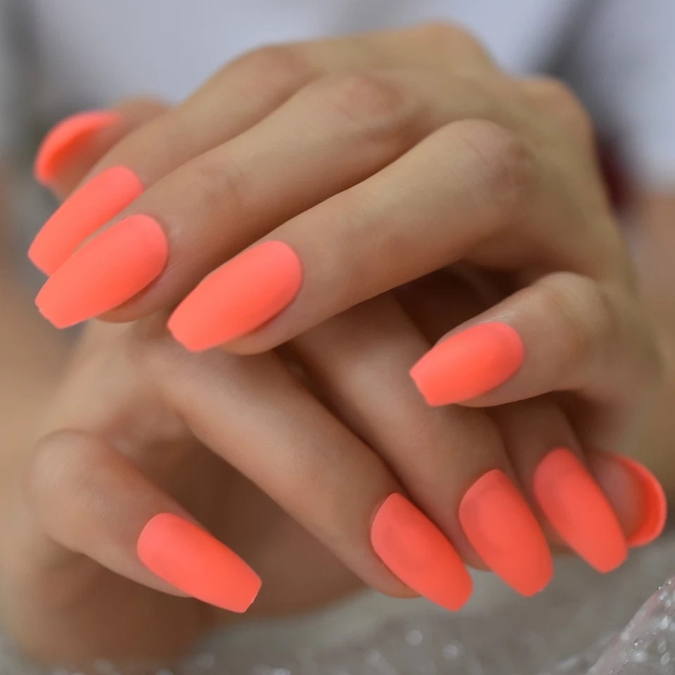24 Matte Neon Orange Long Press on Nails Medium Coffin 80s rave