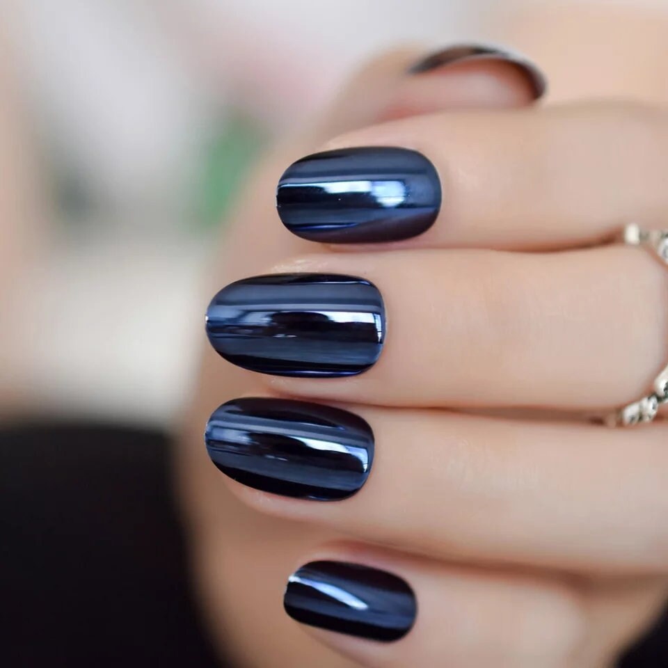 24 Deep Blue Chrome short Press on Nails Glue on Mirror shiny Dark metallic