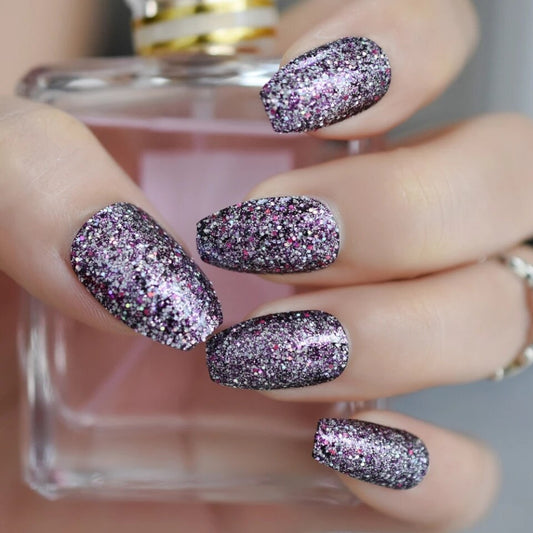 Silver Gray Glitter Long Press-On Nails – Medium Coffin Shape Chrome Metallic Bling Nail Kit surethings